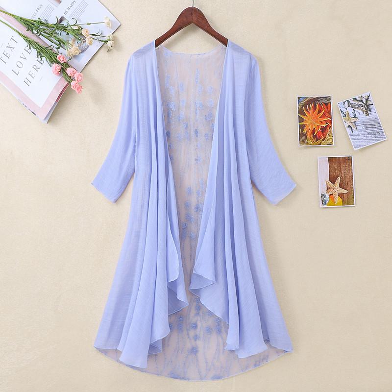 Sommer Damen Midi Lang Stickerei Schal Strickjacke Lässig Dünn Unregelmäßig Baumwolle Leinen Strickjacken Dame Sonnenschutzkleidung