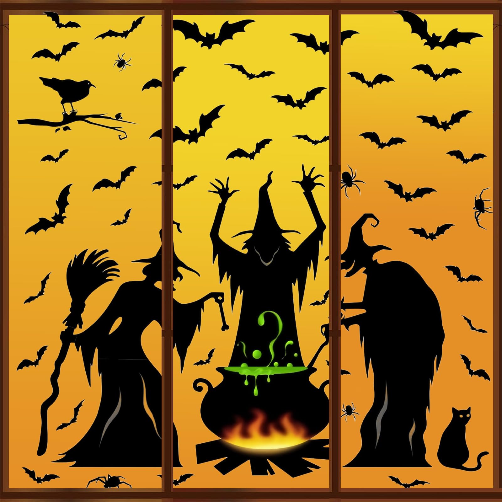 

Halloween Window Clings - Witch, Bats, Spider & Cat Design, Window Stickers for Halloween Party Decor, House Decals чёрный