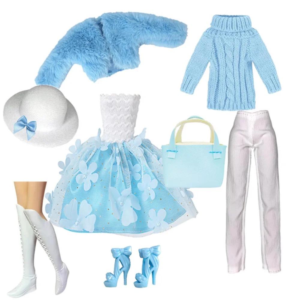 Elegantes Puppenoutfit für 1/6 Puppe Modepuppe Rosa Hahnentritt-Kleid Hut Goldener Gürtel Handtasche mit Schuhen Set