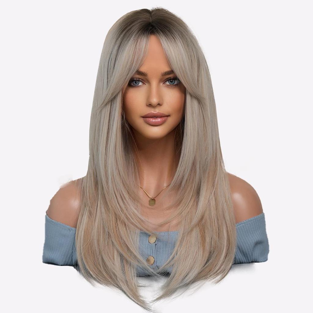 Long Straight Wig with Curtain Bangs & Ombre Color | High-Quality Layered Synthetic Wig | Natural Blended Hairline for Daily Wear