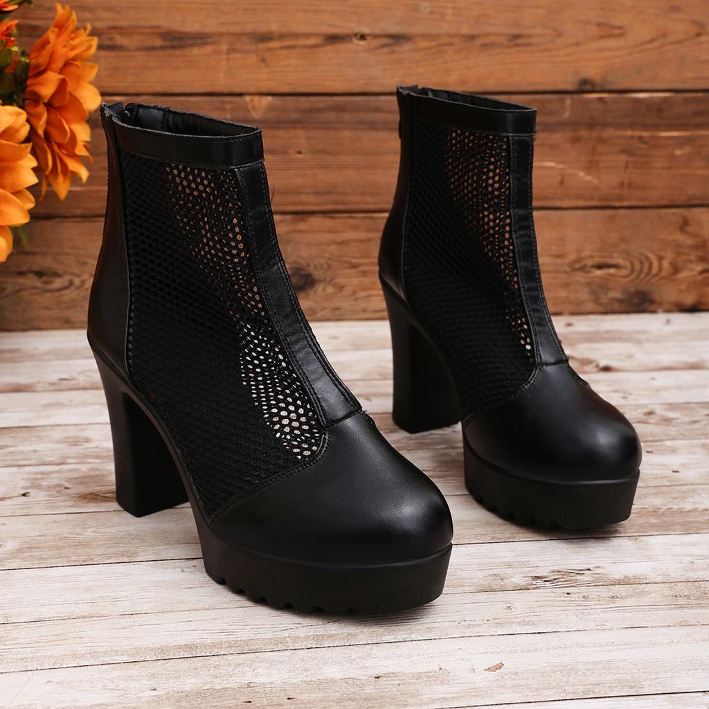 Women Mesh Platform Martin Sandal Boots Plus Size Block Heel Side Zip Short Boots