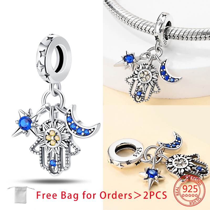 Charm Bead Components Shiny Zircon Blue Devil's Eye and Fatisha's Hand Bead Components Copper Metal Pendant Bead Component Compatible With Do It