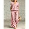 TIFICY Women's Fashion Casual Summer Spring Solid Color Print Short Sleeve V-Neck Trousers Pants Suits