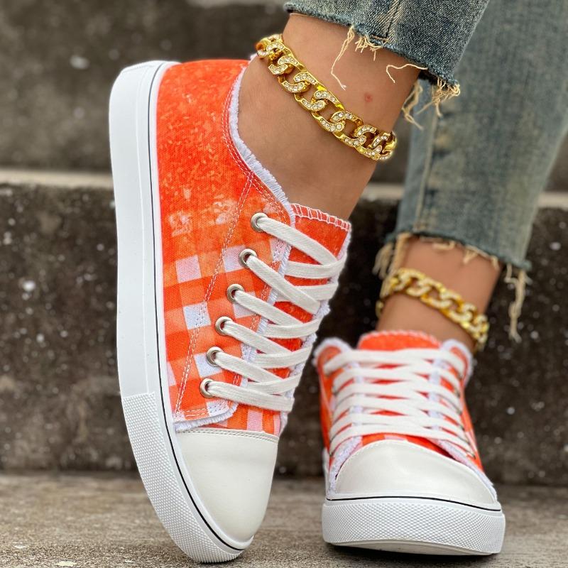 Ev Hot Deal Orange Plaid Print Lace Casual Shoes