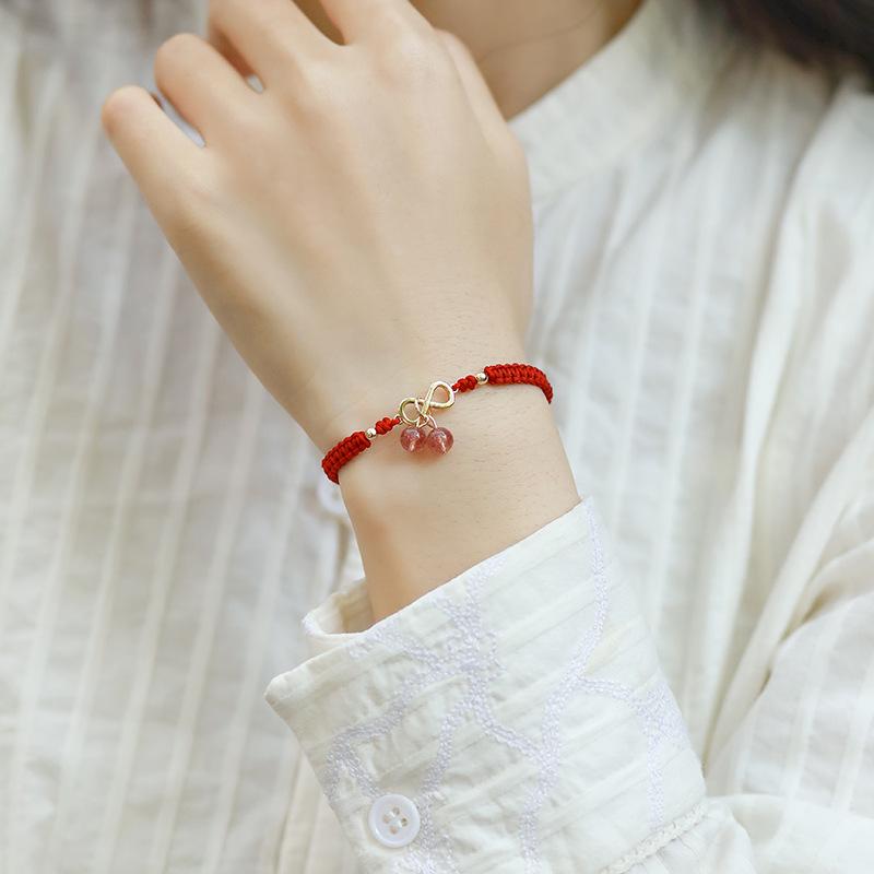 Women's Benmingnian Red String Bracelet with Strawberry Crystal - Handmade Woven Jewelry
