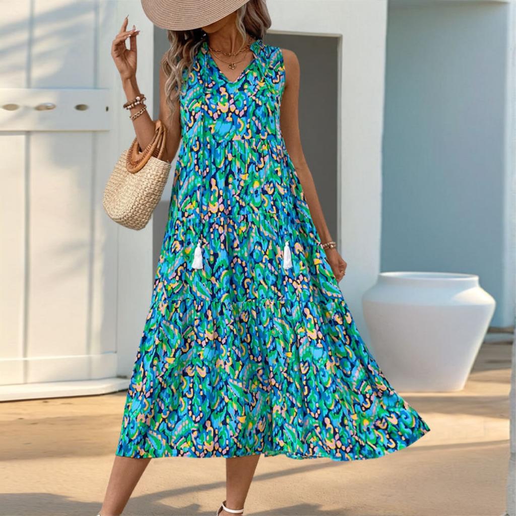 New European American Style Summer Abstract Print Midi Dress for Beach Vacation