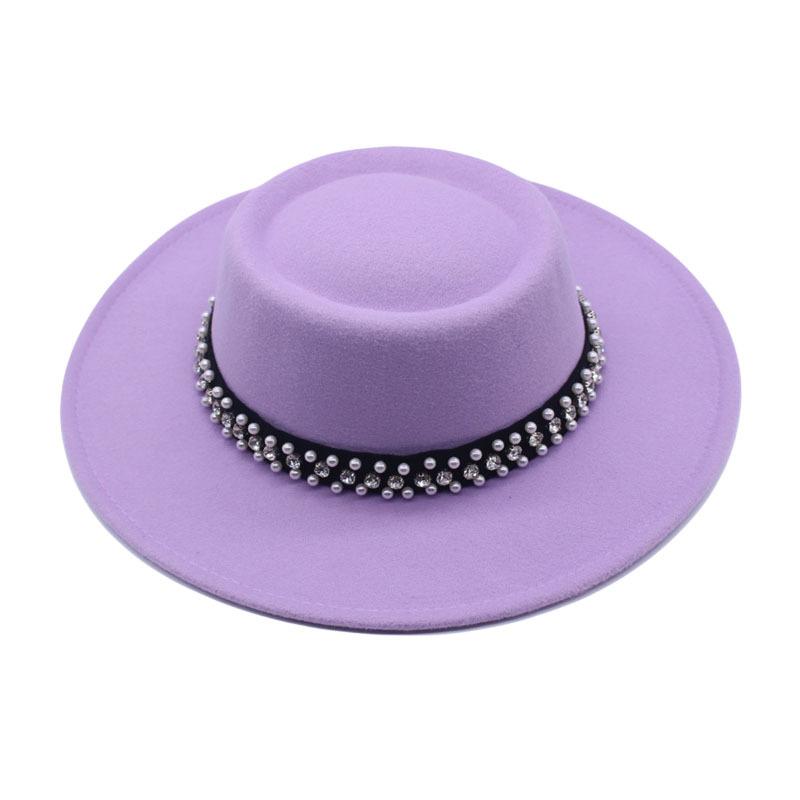 European and American New Autumn and Winter Wool Woolen Big-brimmed Jazz Hat Female Concave Top Black Top Hat Pearl Rhinestone Felt Hat