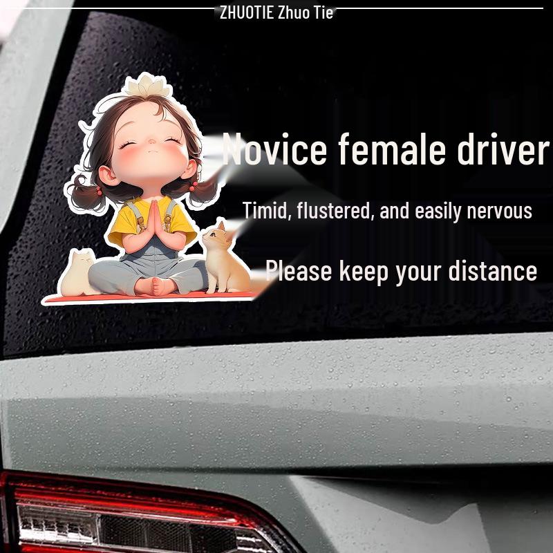 Reflective Warning Sticker: Timid & Flustered Female Driver, Keep Distance - Ideal for New/Practicing Drivers
