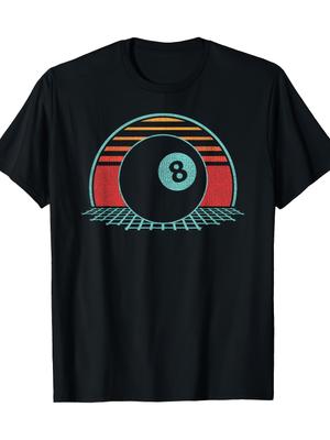 Retro Synthwave Unisex T-Shirt - Short Sleeve Round Neck Tee with Eight Ball & Sunset Stripes Grid, Soft Machine Washable Casual Top Suitable for Spor