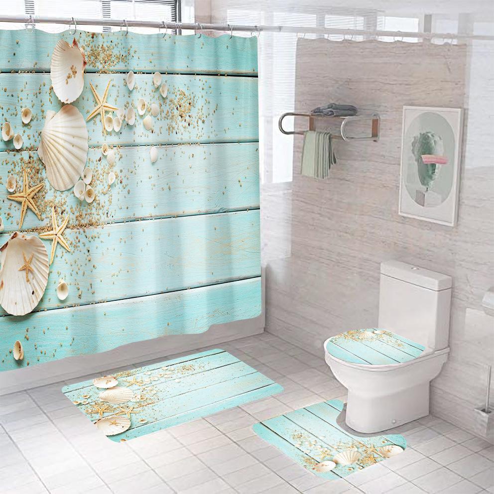 Bathroom Shower Curtain Four-piece Digital Printing Beach Shell Waterproof Shower Curtain Shower Curtain Partition Curtain Bath Mat