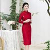Red lace medium and long-sleeved cheongsam autumn and winter new improved bride red wedding girl cheongsam