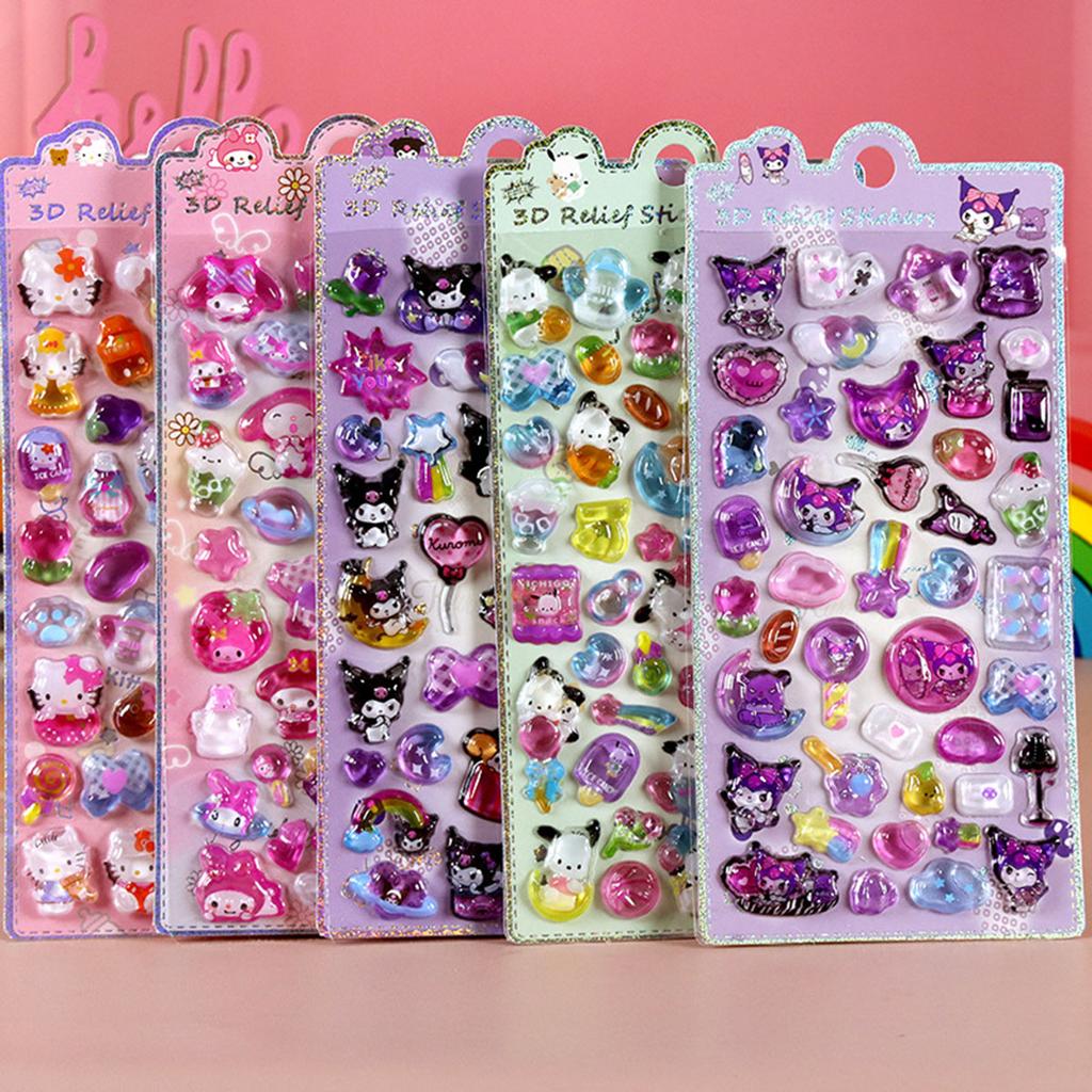 1/8Pcs 3D Relief Stickers Sanrio Hello Kitty Kuromi Cute Cartoon Crystal Sticker Handmade Diy Hand Decals Gifts