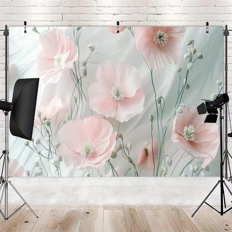 2D Delicate Pink Poppy Wall Hanging, Pastel Floral Background Cloth 47.2x31.5inch/120*80cm