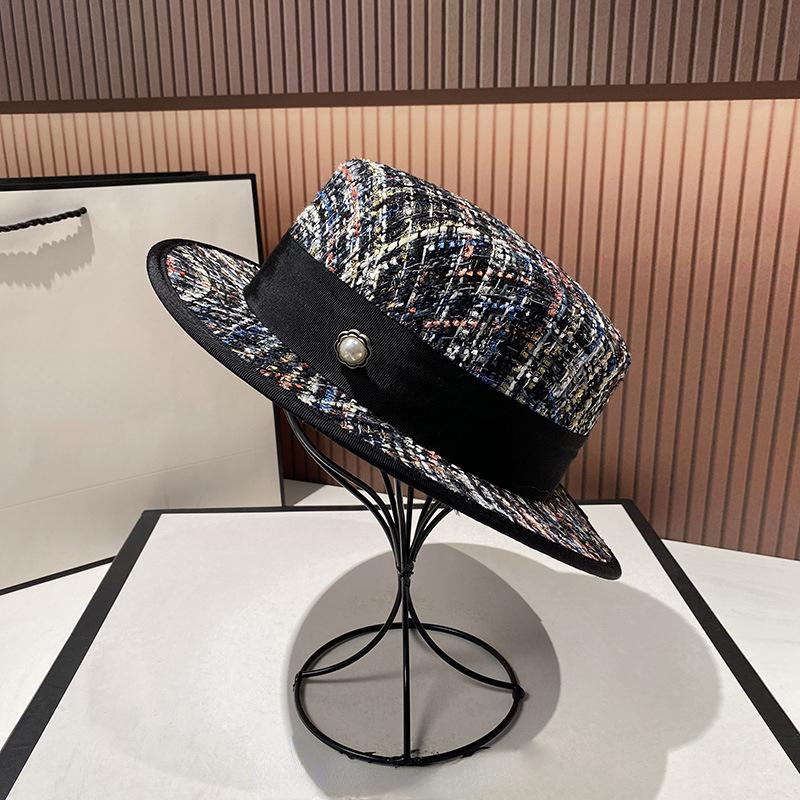 Socialite Delicate And Style European Elegant Pearl Flat Top Jacquard Hat Pink Tweed Top Hat Fashionable Womens Party Top Hat