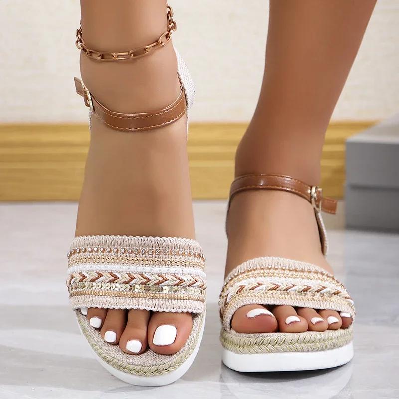 Fashion Vintage Fringe Platform Sandals for Women Casual Brown Wedge Sandals Women Summer Buckle Decor Weightlight Flat Sandalias Mujer
