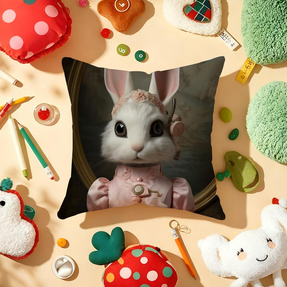 Rabbit Portrait Renaissance Cushion Cover Plush Fabric Soft DoubleSided Printed Sofa Warm Winter Home Gift Pillow Cover