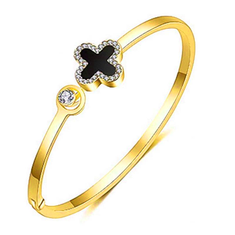 Korean Rose Gold Four-Leaf Clover Bracelet with Rhinestones - Elegant Watch Accessory  Friendship Gift