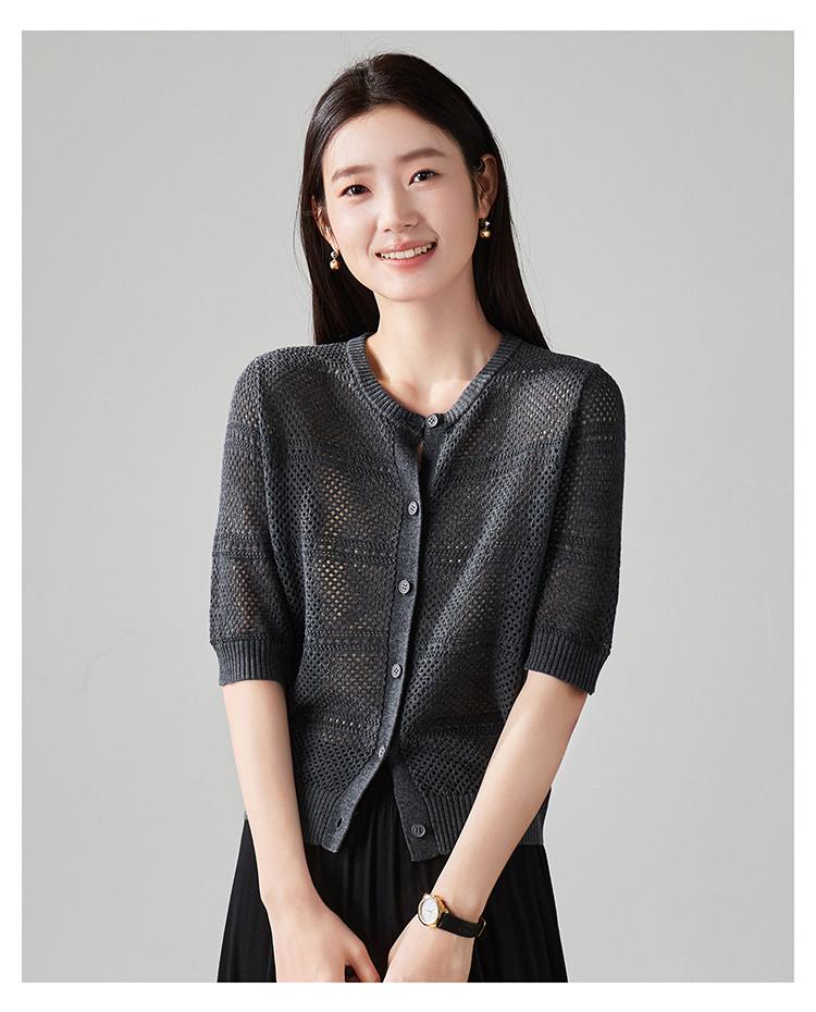 Round neck single breasted hollow knitted sweater for women in spring 2026, fashionable and versatile, slimming casual top
