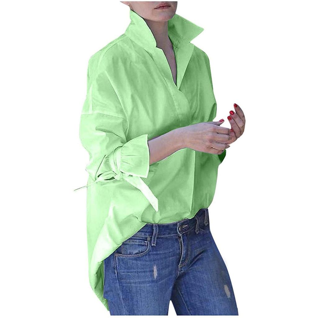 Fashion Womens Solid Color V-Neck Shirts Casual Flared Sleeve Long Sleeved  Top