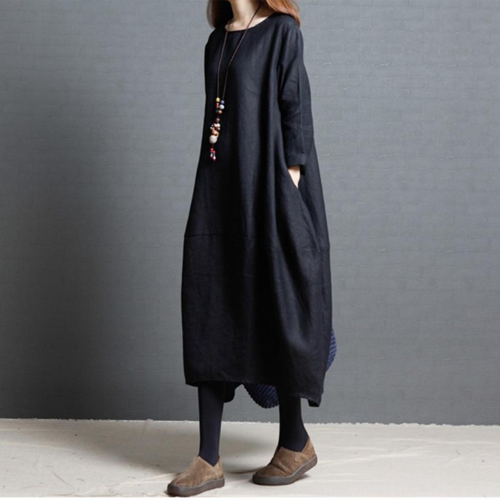 Women's Crew Neck Long Sleeve Midi Dresses Loose Fit Solid Color Casual Swing Dress Summer Dresses