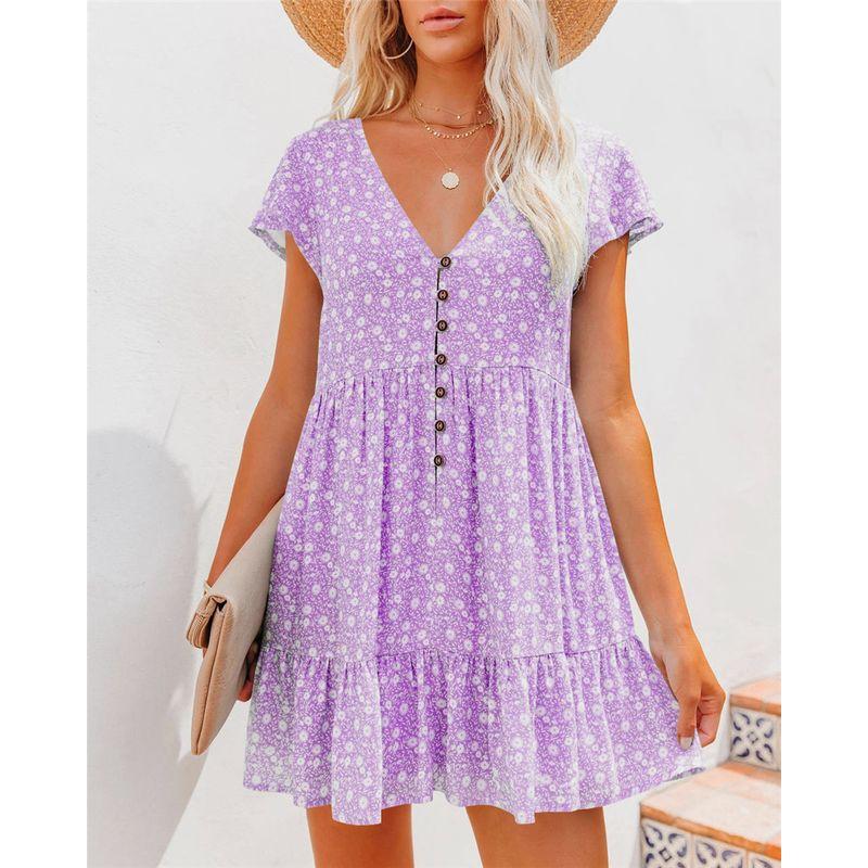 

Europe and America Cross Border Export High-Waist Casual Short-Sleeve Dress Purple XL
