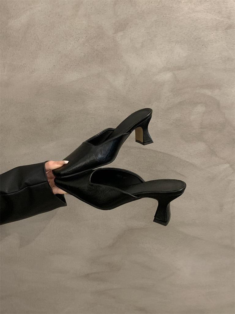 Temperament high-heeled bag head half slippers outer wear women's shoes spring and summer thick heels are not tired feet shallow single shoes