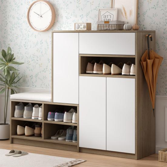 Shoe Storage Bench & Shoe Cabinet, Multifunctional Shoe Rack with Upholstered Seat, Versatile Shoe Storage Solution with Adjustable Shelves for The