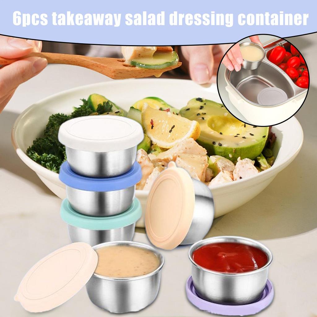 6 Pcs Stainless Steel Dipping Sauce Cups Condiment Dishes Sauce Cups Food Containers Reusable Silicone Lids Leakproof for Home