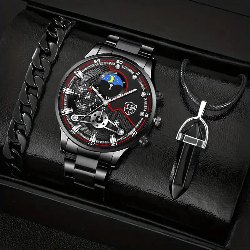 

3 шт./набор 1 шт. Модные мужские повседневные кварцевые наручные часы из нержавеющей стали с круглым циферблатом и 1 шт. Мужской браслет и 1 шт. Мужское ожерелье