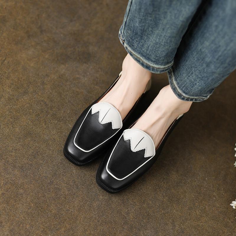 Fashion NEW Spring/Autumn Women Loafers Split Leather Shoes for Women Square Toe Chunky Heel Black Shoes Concise Low Heel Women Pumps