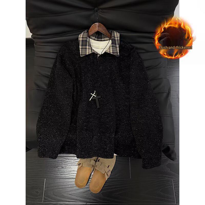Men s Retro Plaid Lapel Plus Velvet Warm Hoodie—Autumn/Winter American Street Style Trendy Loose Jacket 3X Large
