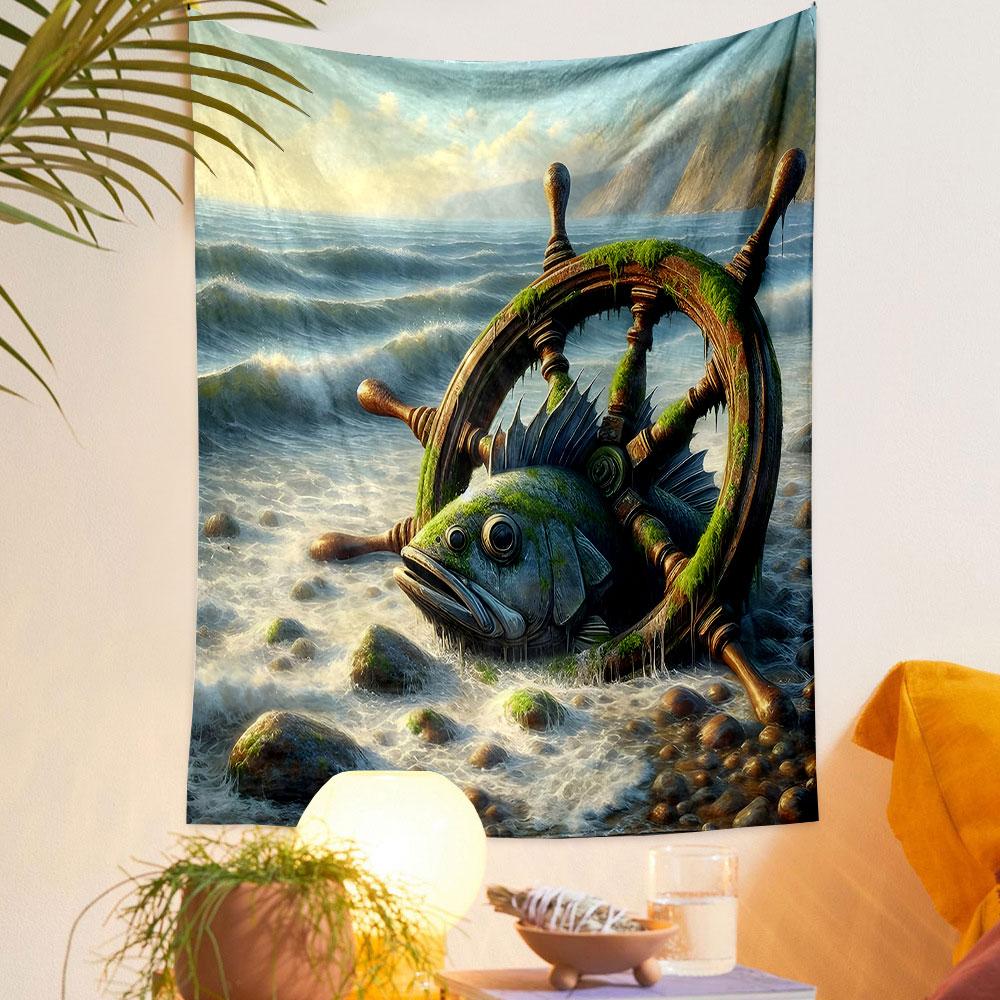 "Sea Creature and Ship Wheel Design" Patterned Tapestry Home Decor, Suitable for Bedroom and Living Room, Gift