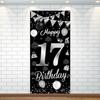 17 Birthday Decorations Happy 17th Backdrop Banner black sliver