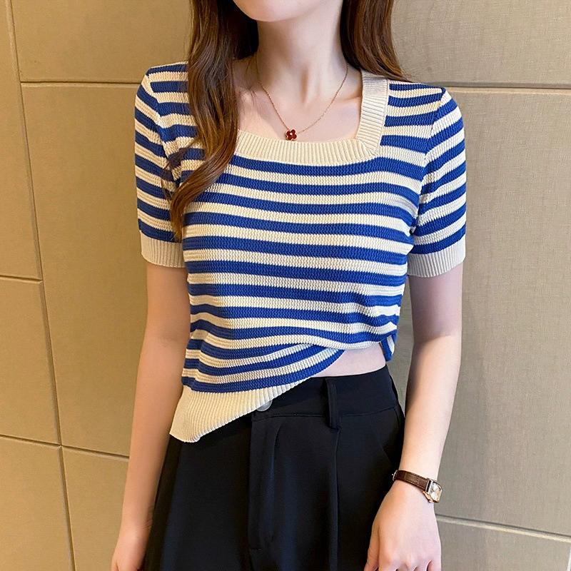 Black and White Ice Silk Striped Knitted Shirt Short Sleeved T-shirt for Women's Summer Front Shoulder Thin Square Neck Short Top