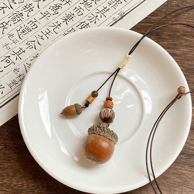 Wooden Bead Acorn Pendant, Wax Rope Necklace, Retro Ethnic Style Pull-out Sweater Chain, New Chinese Versatile Niche Item Decoration