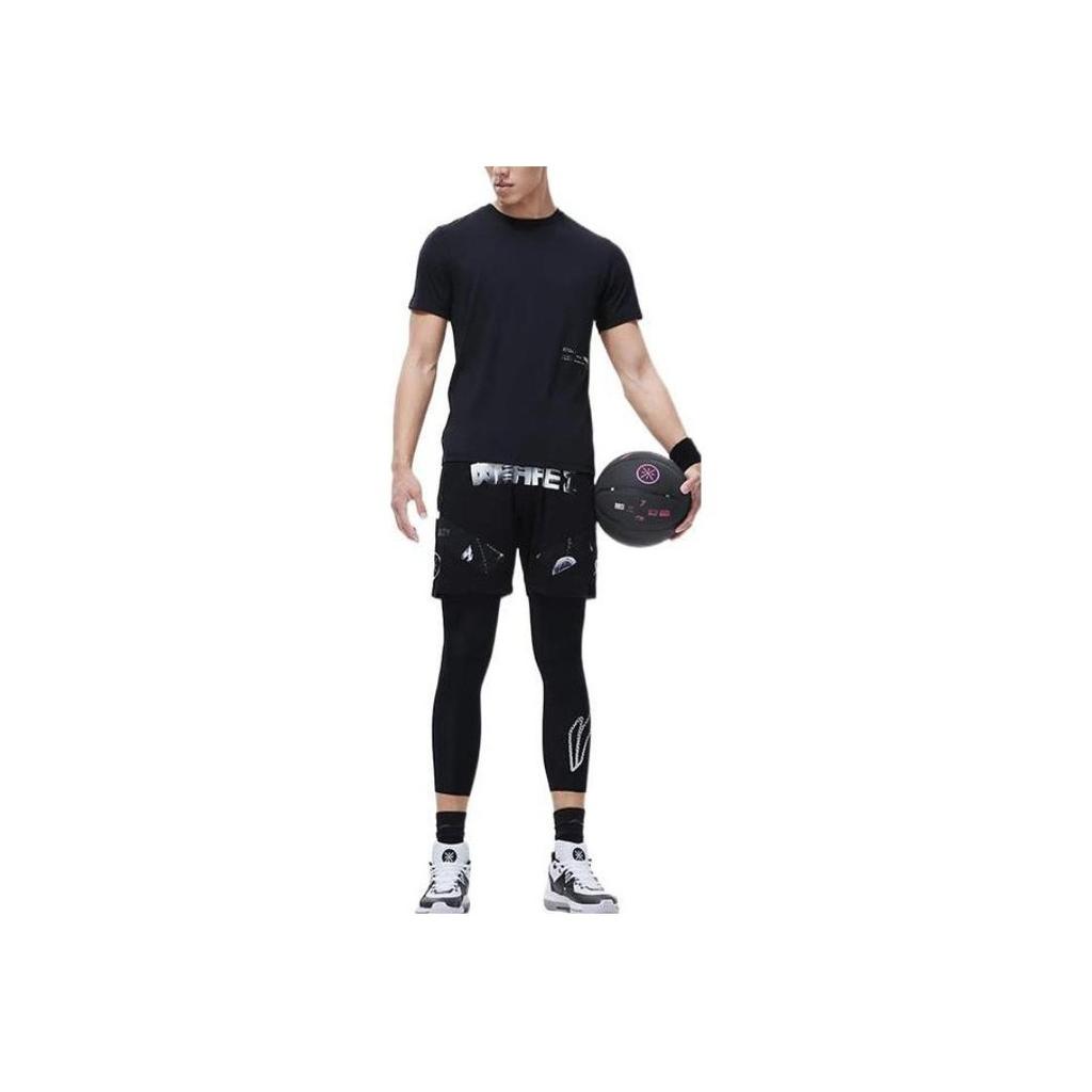 Li Ning Basketball Series Solid Color Tight Nine-Point Knitted Sports Pants Men bottoms Black AULT007-2
