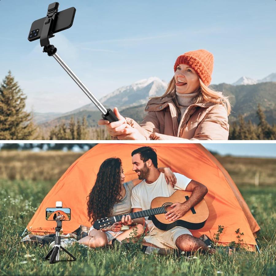 Selfie Stick with Fill Light 104cm Extendable Selfie Stick Tripod with Wirel Remote 3 Light Modes 6 Brightn Levels Compatible w