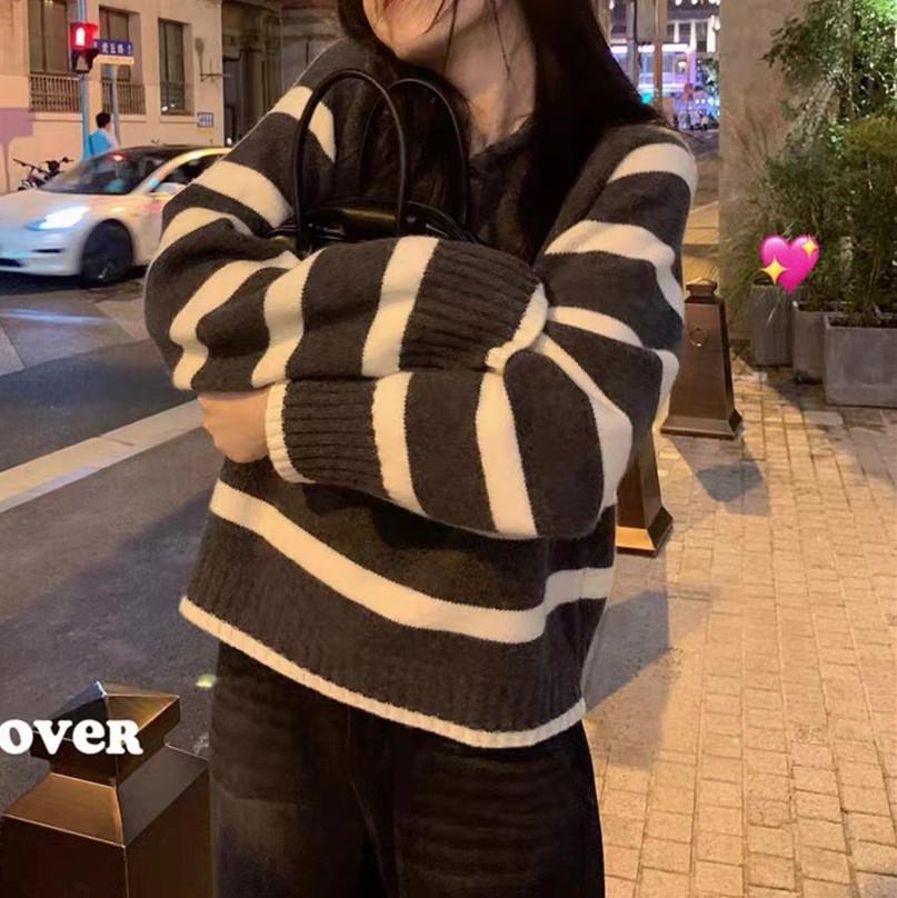 Korean Style Women's Hooded Sweater: Loose, Lazy, Soft Striped Knitwear - Academic, Fashionable Outerwear for Autumn & Winter