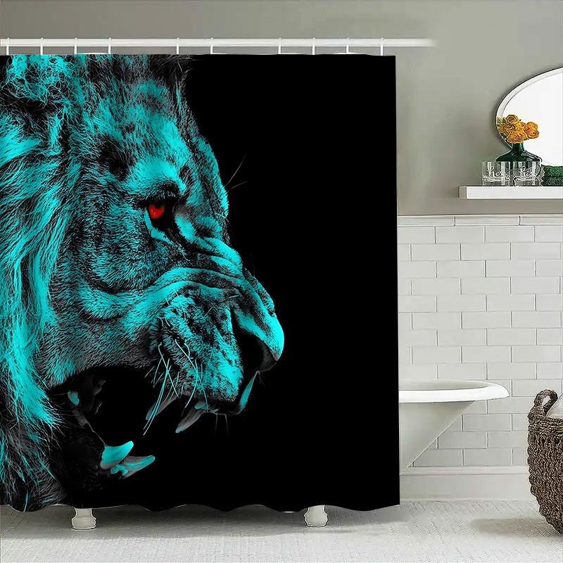 Stylish Blue Lion Print Waterproof Shower Curtain With Hooks Easy To Clean Install Polyester Fabric Available In Various Sizes