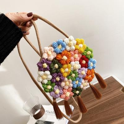Kleur Bloem Kleine Tas Mini Kleine Ronde Tas met Franjes Mode Eén Schouder Crossbody Dames Tas Delicaat Stro Mini
