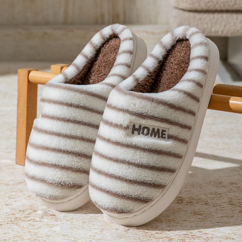 Plush cotton slippers women's autumn and winter home soft bottom non-slip plush warm couple striped plush slippers men's