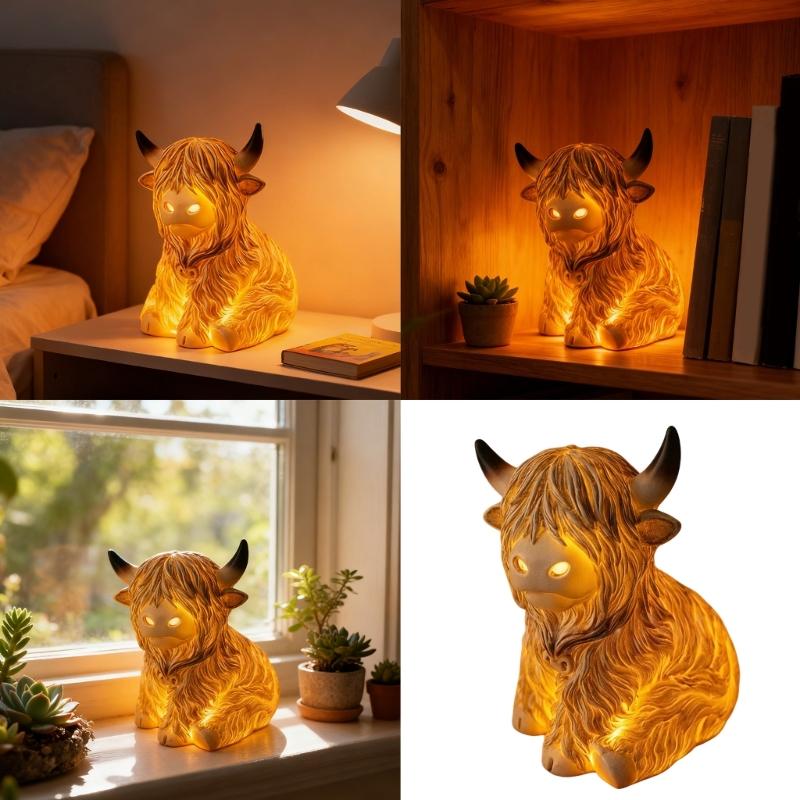 High Land Cow Nightlight Resin Miniature Figurine Desk Ornament Battery Powered for Farmhouse Tiered Tray Decors Gift