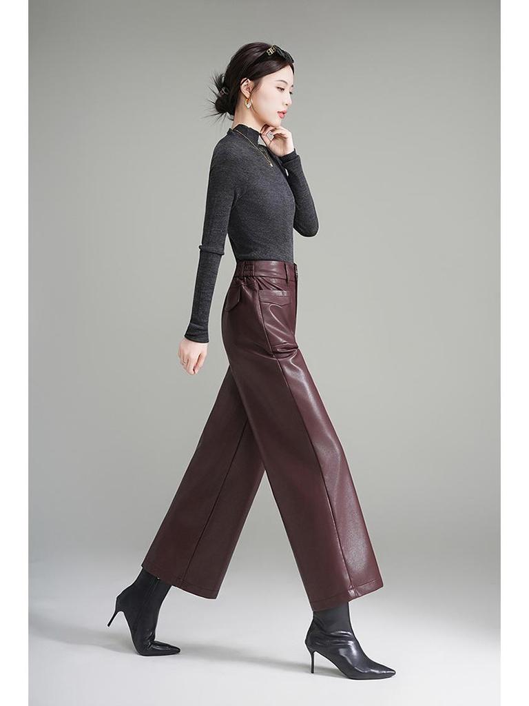 2025 Autumn/Winter Women's Black Sheepskin Leather Wide-Leg Pants
