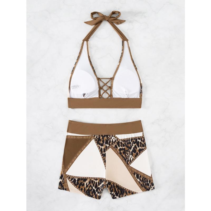 Swimsuit split two-piece leopard print stitching sexy brown seaside vacation bikini set with cross straps