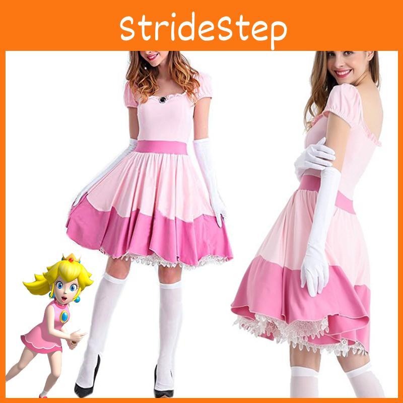Elegant Super Mario Pink Princess Peach Costume Dress With Crown And Gloves Set