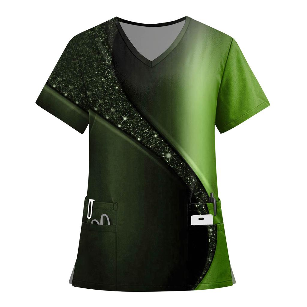 Women's Fashion Printed Short Sleeve V Neck Pattern Tops Pocket Working T-shirts