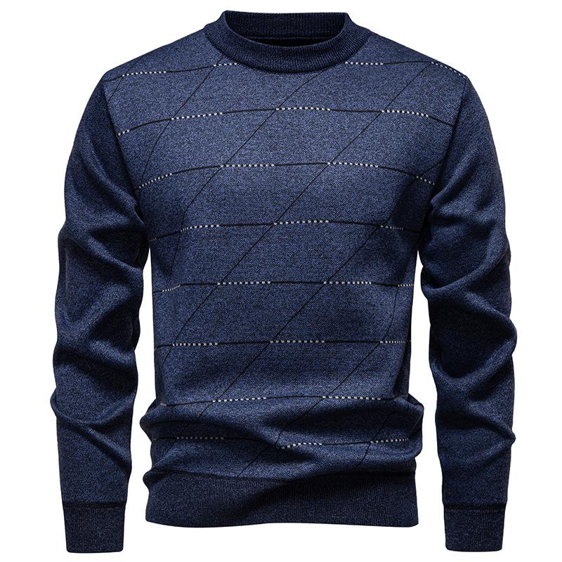 Autumn and Winter New Men's Fashionable Plaid Sweater Plus Velvet Thickened Casual Round Neck Warm