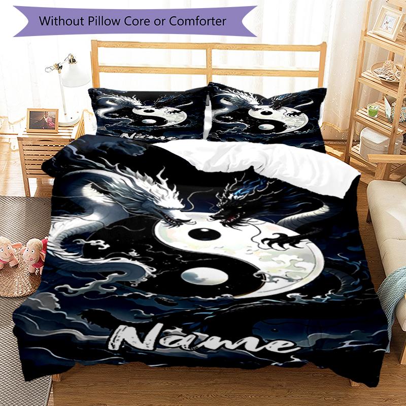 Ensemble de literie Dragon avec nom personnalisé 3 pièces Housse de couette Fermeture Comprend 1 housse de couette et 2 taies d'oreiller, Doux et confortable pour toutes les saisons.