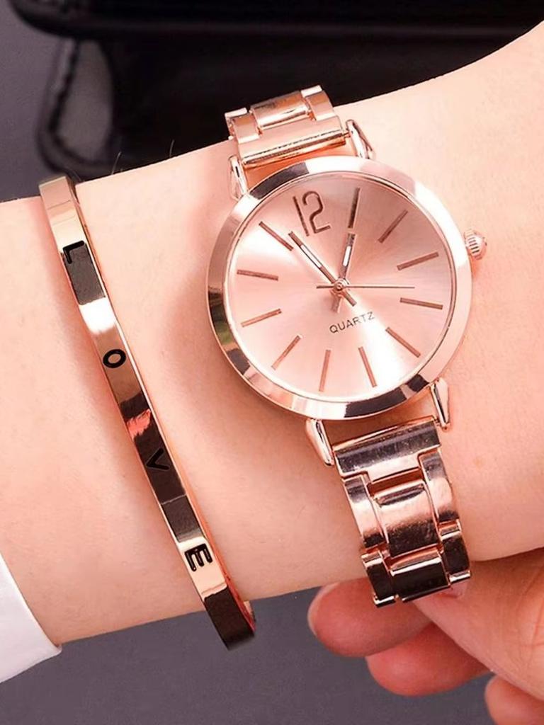 2 stuks Set Horloge Luxe Dames Eenvoudige Wijzerplaat Holle Band Mode Gouden Armband Quartz Polshorloge Student Dames Horloges Reloj Mujer