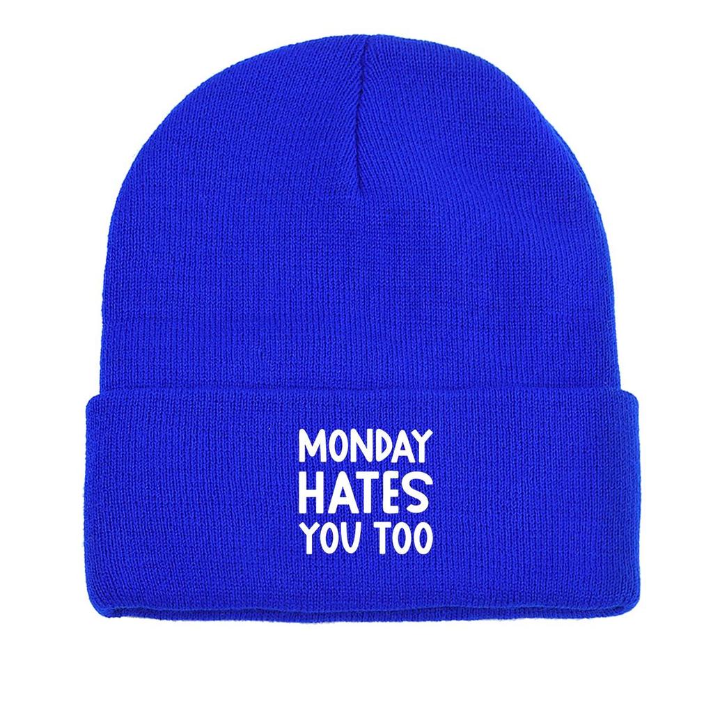 MONDAY HATES YOU TOO" Warm Knit Cap Beanie, White Text Man Cap Stretchy Candy Color Solid Color Gorro Knitted Hat Beanie